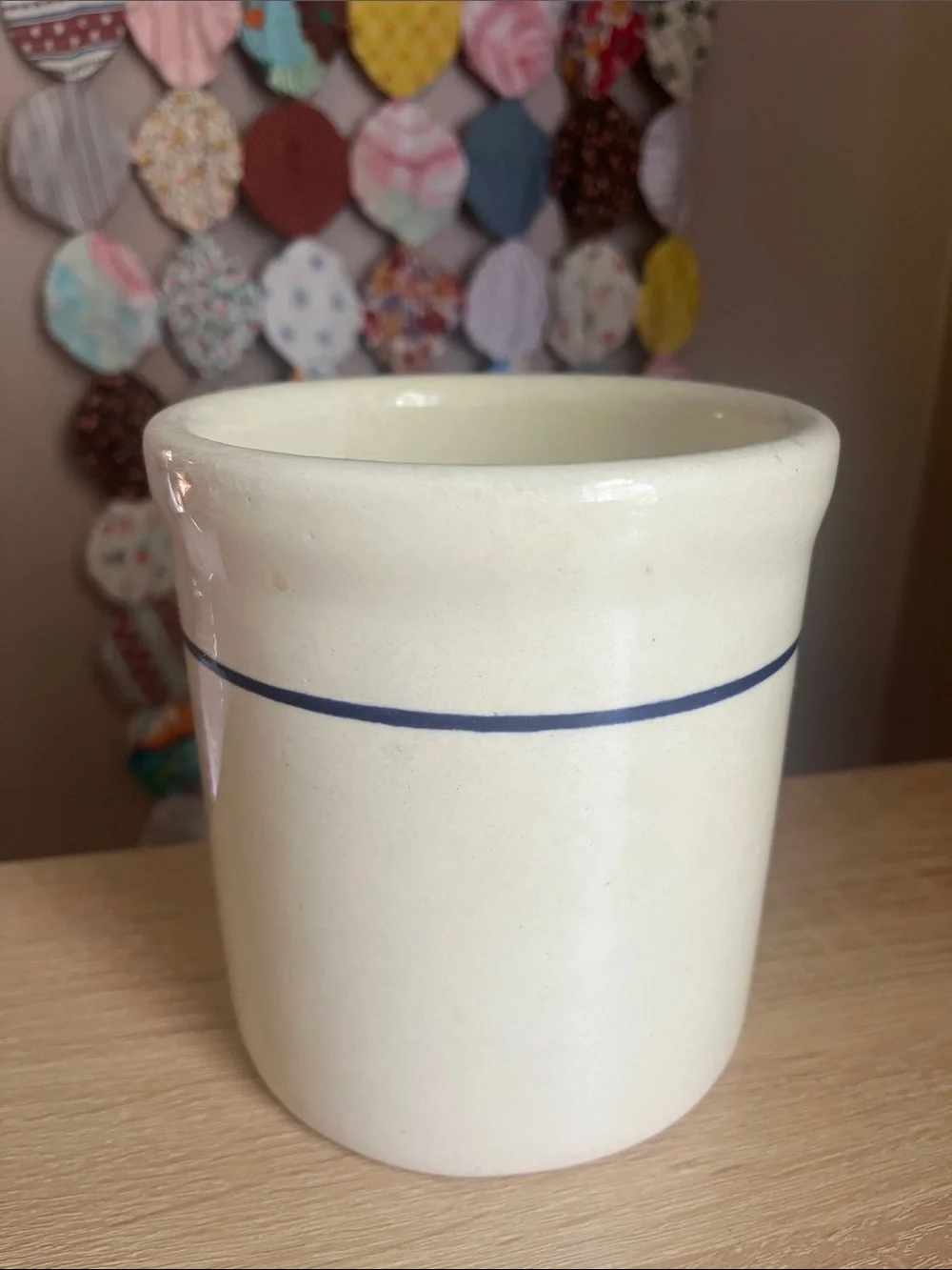Stoneware Utensil Crock - Cream with Blue Band